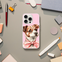 Cute dog portrait on pink iPhone case with retro vibe for iPhone 13-16, slim matte finish, shock-absorbing TPU.