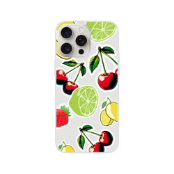 Transparent iPhone case featuring cherry, lime, lemon, and strawberry sticker art for a fresh, slim fit.