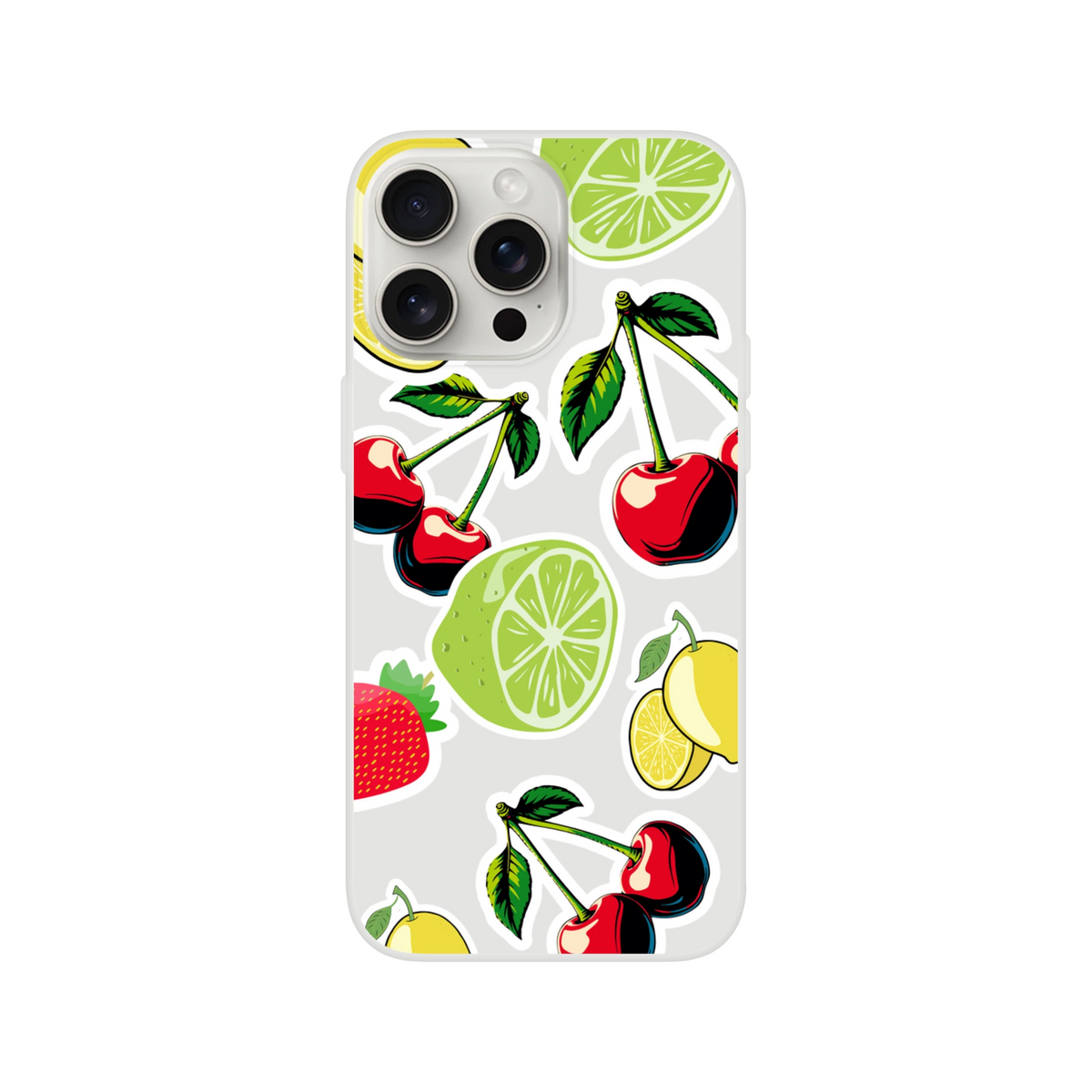 Transparent iPhone case featuring cherry, lime, lemon, and strawberry sticker art for a fresh, slim fit.