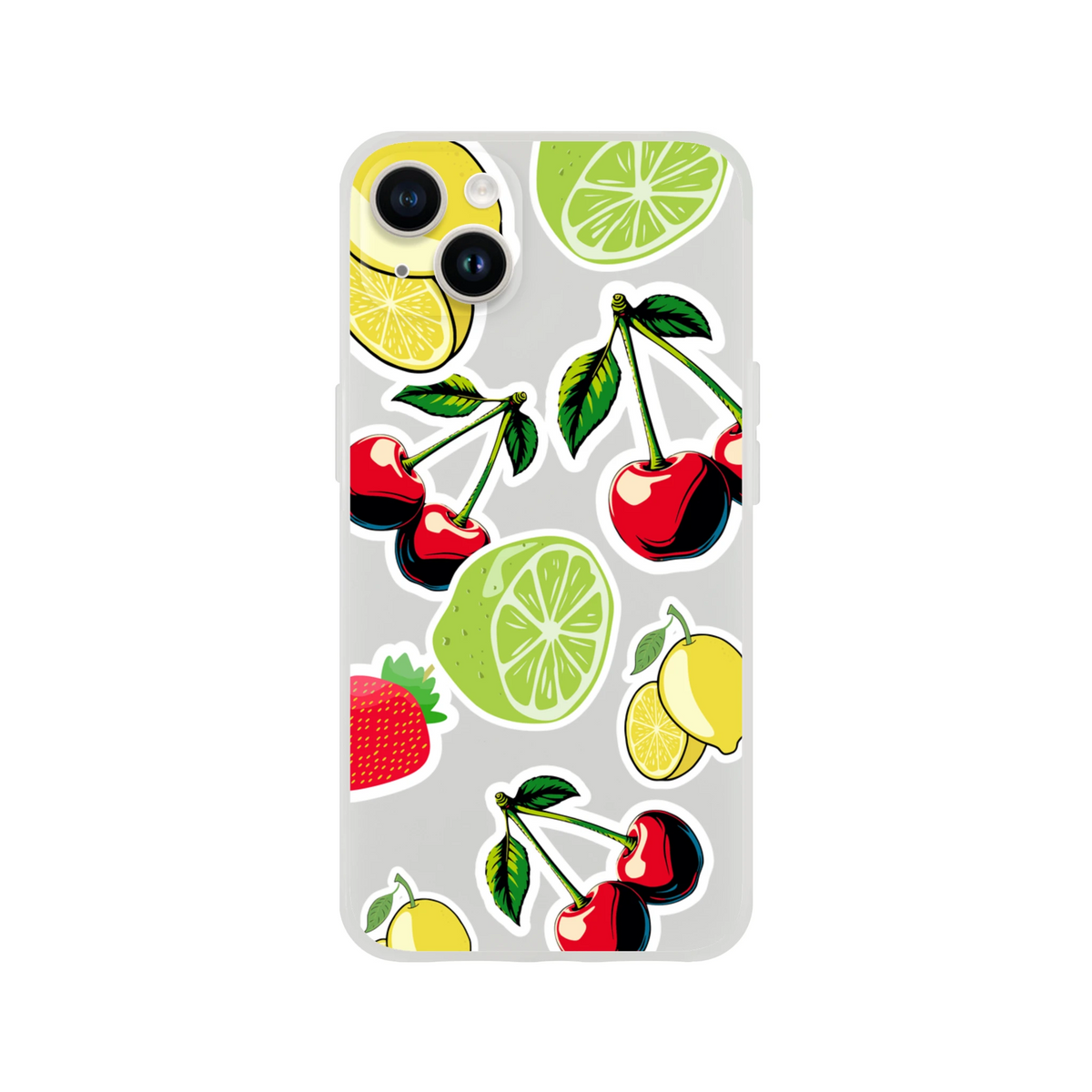 Transparent iPhone case featuring a sticker-style pattern of red cherries, green limes, yellow lemons, and strawberries.