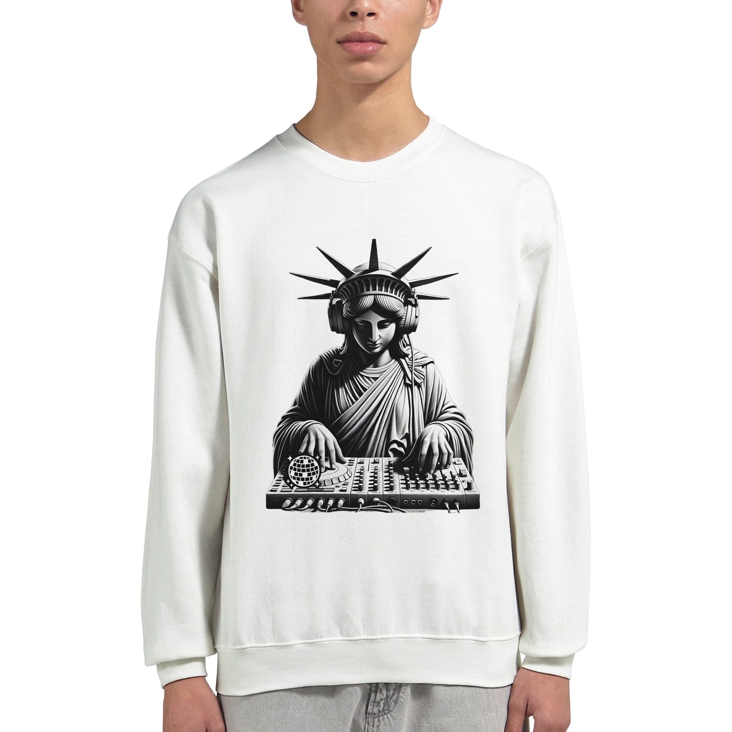 White men's graphic sweatshirt with a graphic design of the Statue of Liberty using DJ equipment on a white background.