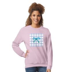 Light purple women's sweatshirt featuring a blue gingham square and teal bow graphic for a cute coquette aesthetic pullover look.