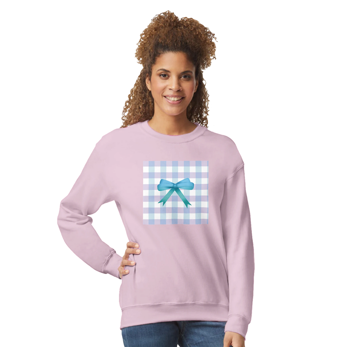 Light purple women's sweatshirt featuring a blue gingham square and teal bow graphic for a cute coquette aesthetic pullover look.
