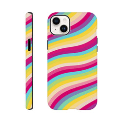 Tough iPhone case featuring a vibrant retro rainbow wave stripe pattern with shock-absorbing TPU protection for daily use.