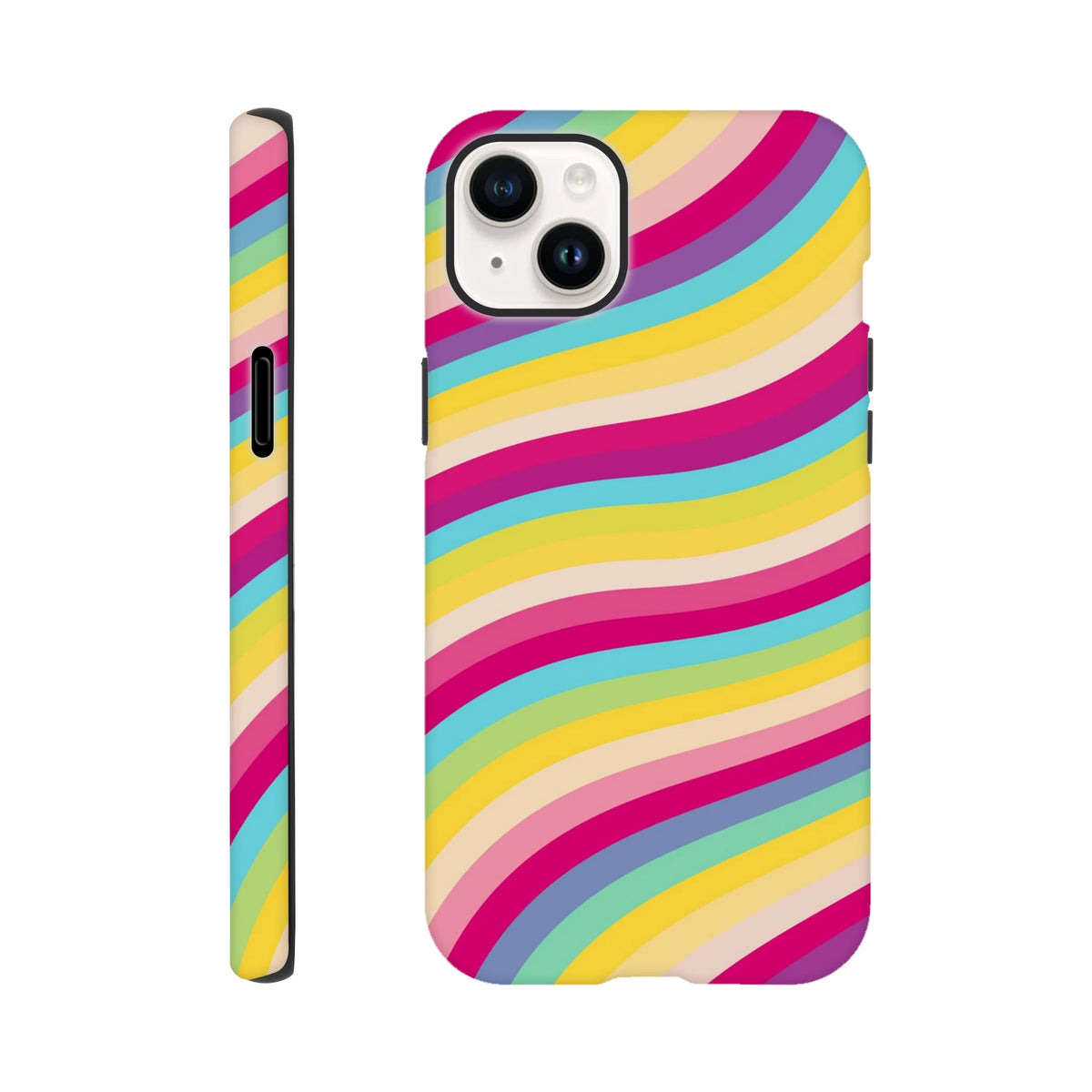Tough iPhone case featuring a vibrant retro rainbow wave stripe pattern with shock-absorbing TPU protection for daily use.