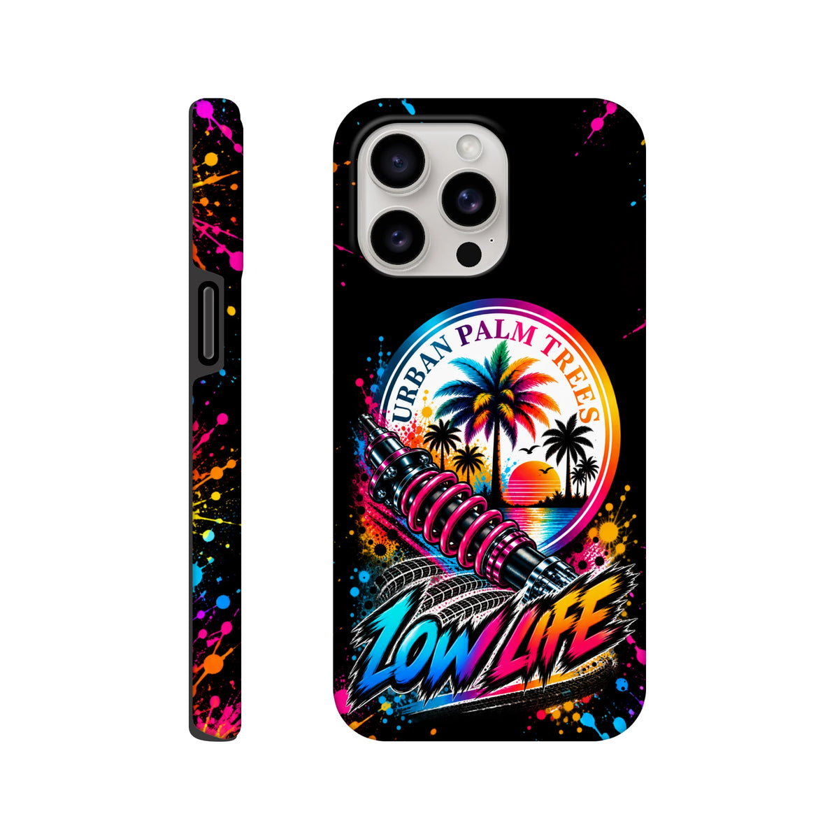 Low Life Petrolhead iPhone case featuring neon shock absorber, palm trees, Urban Palm Trees sunset, and paint splatter art on black background.