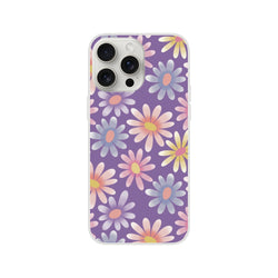 Retro pastel daisy iPhone case for 13-16 with purple background and floral pattern