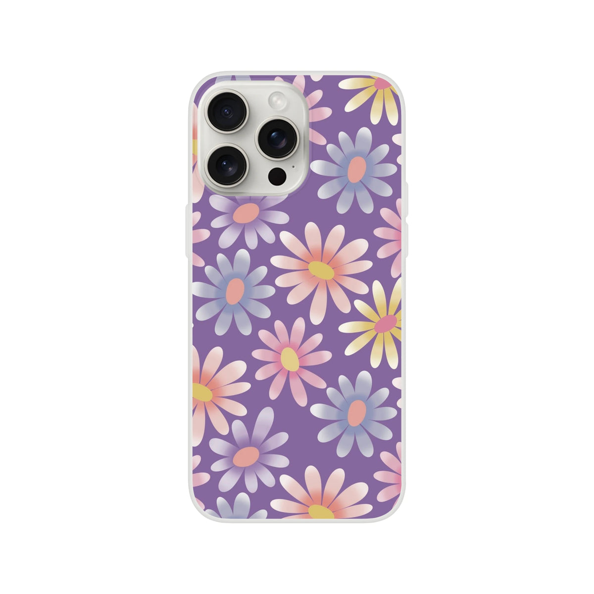 Retro pastel daisy iPhone case for 13-16 with purple background and floral pattern