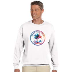 White sweatshirt with a vibrant circular palm tree graphic; Urban Palm Trees design for men, Y2K streetwear pullover.