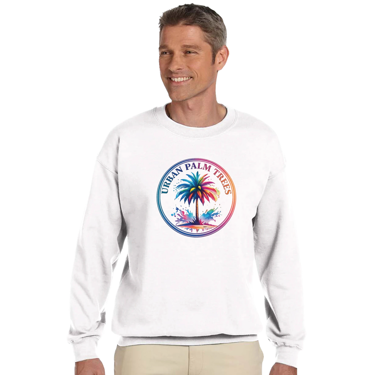 White sweatshirt with a vibrant circular palm tree graphic; Urban Palm Trees design for men, Y2K streetwear pullover.