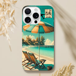 Vintage beach holiday iPhone case featuring retro beach chair, umbrella, and tropical stamp design for coastal style.
