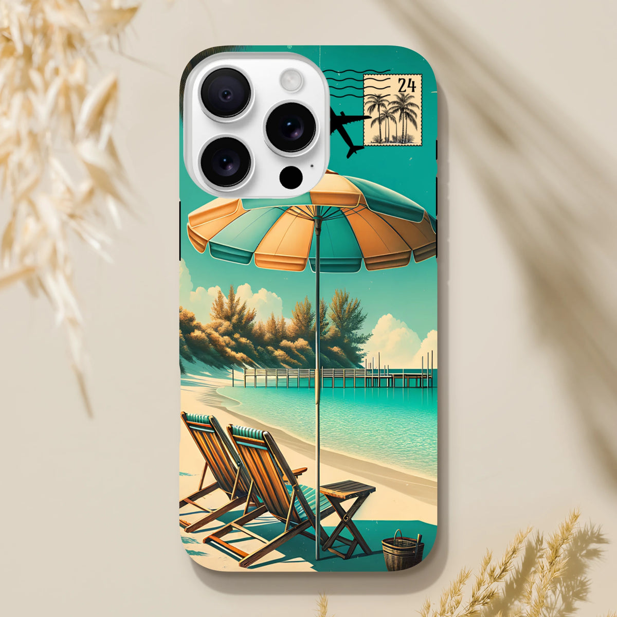 Vintage beach holiday iPhone case featuring retro beach chair, umbrella, and tropical stamp design for coastal style.