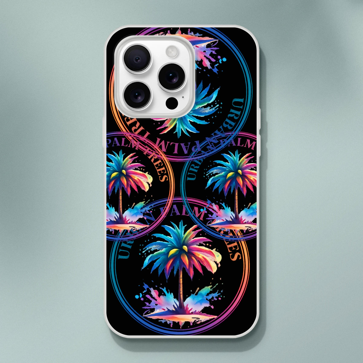 Urban Palm Trees iPhone Case (13-16) with retro tropical palm trees and colorful circular ring motif