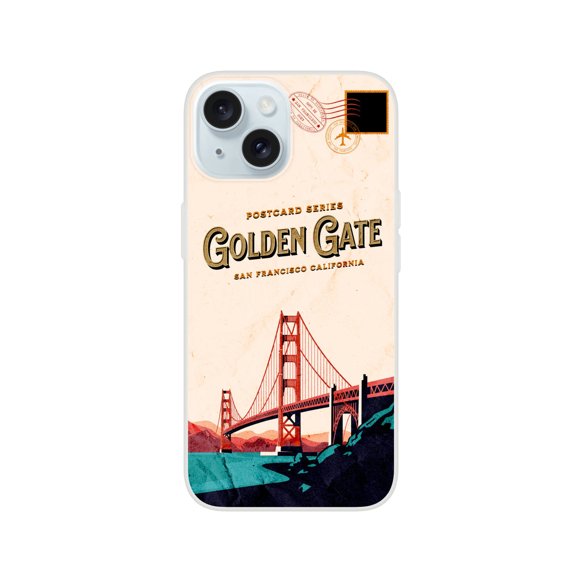 Vintage postcard-style iPhone case featuring the Golden Gate Bridge in San Francisco with warm retro tones.