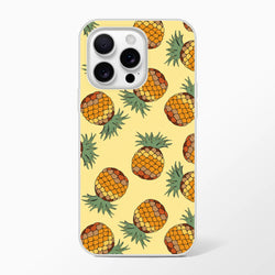 Slim pineapple-pattern iPhone case on yellow background, tropical fruit design for iPhone 13-16.