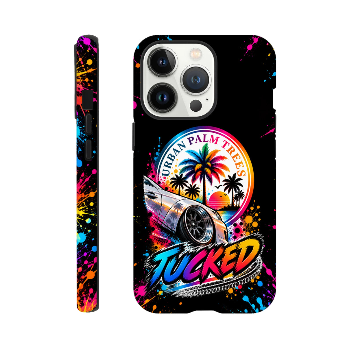 Tucked iPhone case featuring lowered car, colorful Urban Palm Trees sunset graphic, and paint splatter accents on black background.