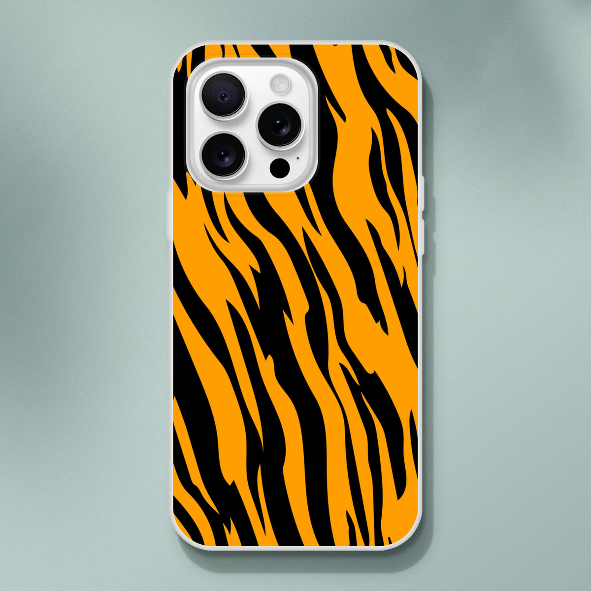 Orange and black tiger-print iPhone case for iPhone 13–16; slim, matte finish, bold animal aesthetic.