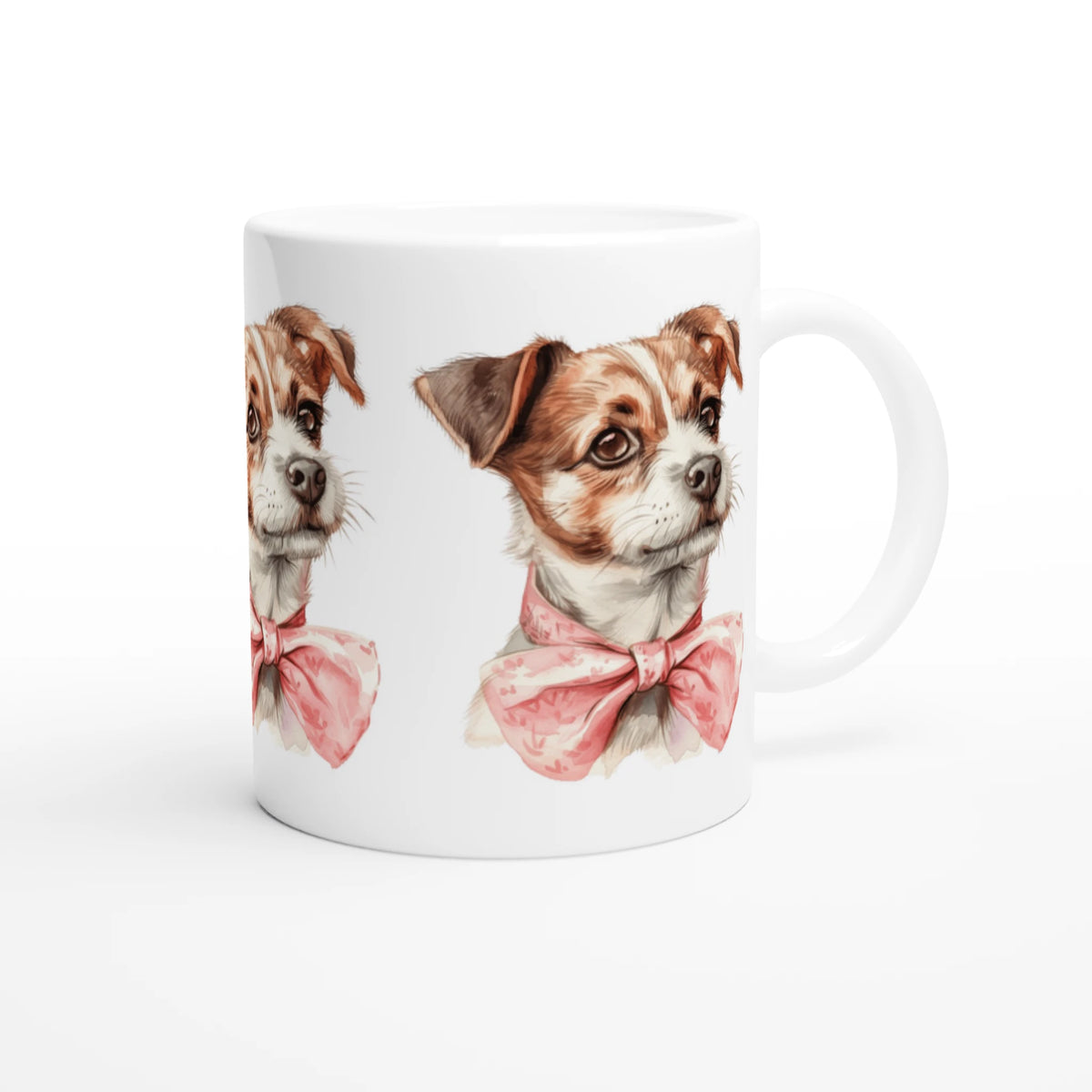 Cute dog mug with two brown-and-white puppies wearing pink bow ties on glossy white ceramic.