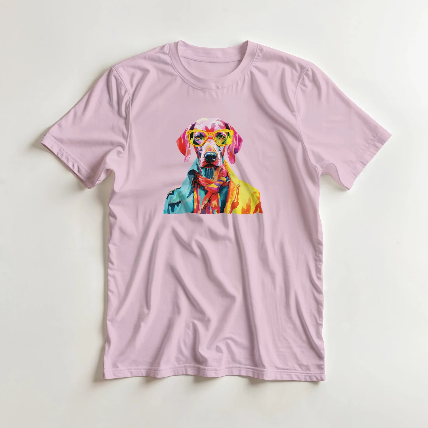 Pastel pink women's T-shirt with a bright, multicolored dog wearing glasses graphic in a soft cotton blend.