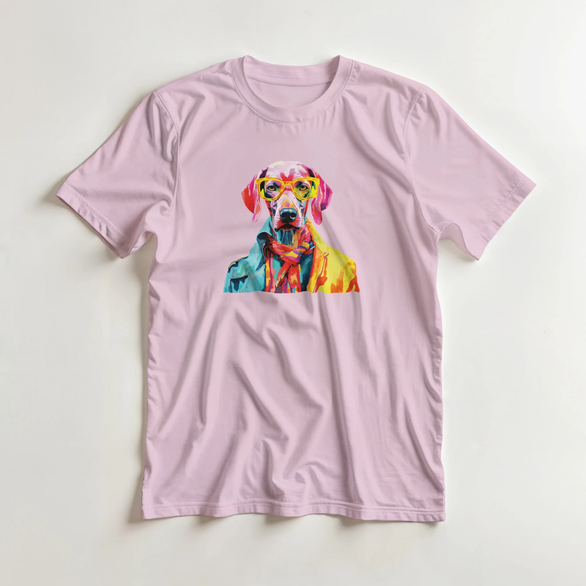 Pastel pink women's T-shirt with a bright, multicolored dog wearing glasses graphic in a soft cotton blend.