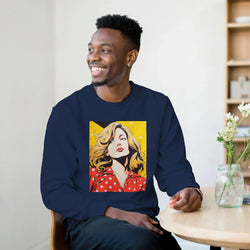 Man wearing navy blue sweatshirt featuring retro pop art graphic of a blonde woman in vintage comic style.
