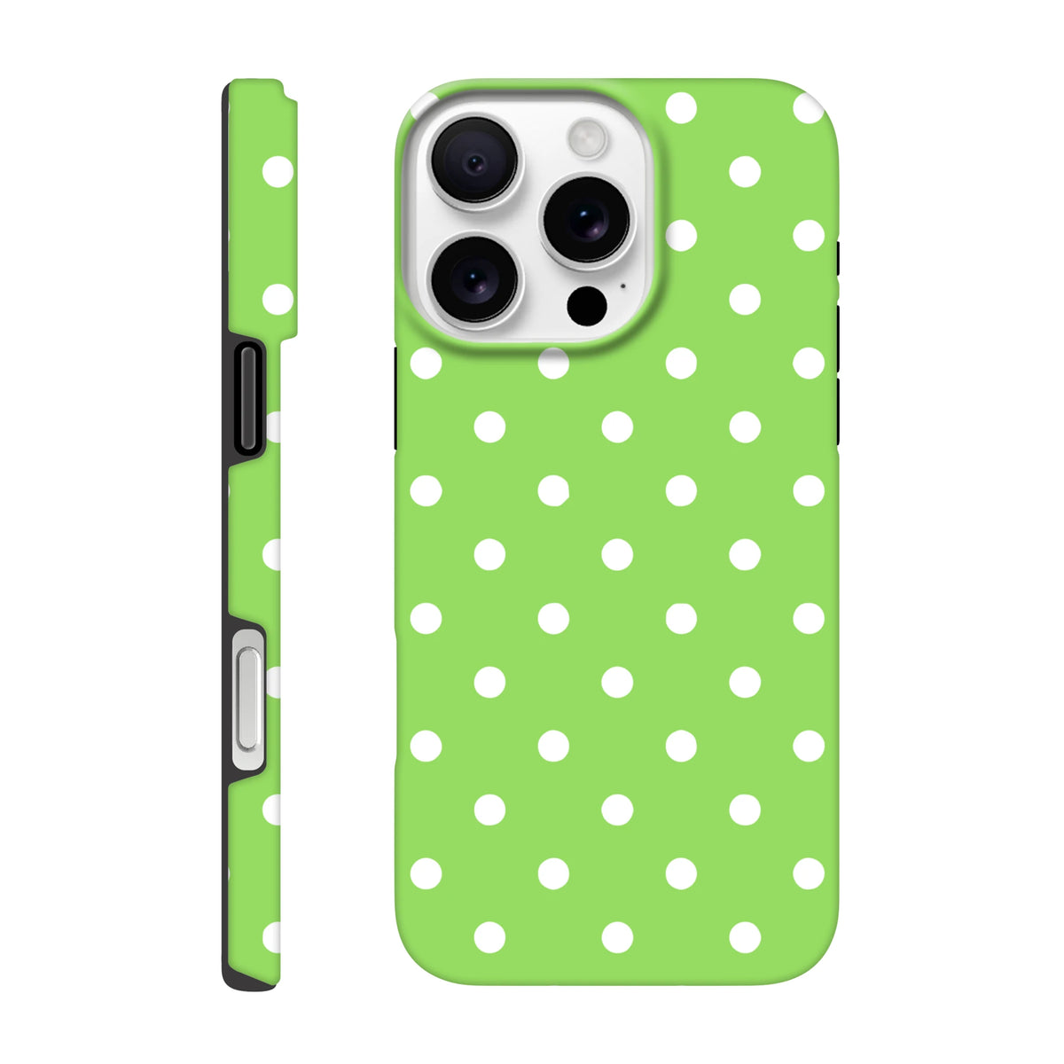 Green & white polka dot tough iPhone case with shock-absorbing TPU core and dual-layer design for drop protection.