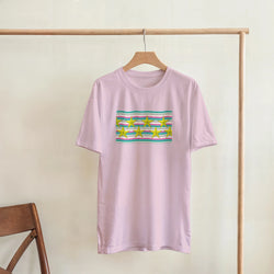 Pastel Stripe Gold Star Graphic T‑Shirt for Women on a wooden hanger.