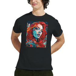 Black men's t-shirt featuring a bold artistic graphic of a redhead woman with vibrant red hair and blue shaded facial details.