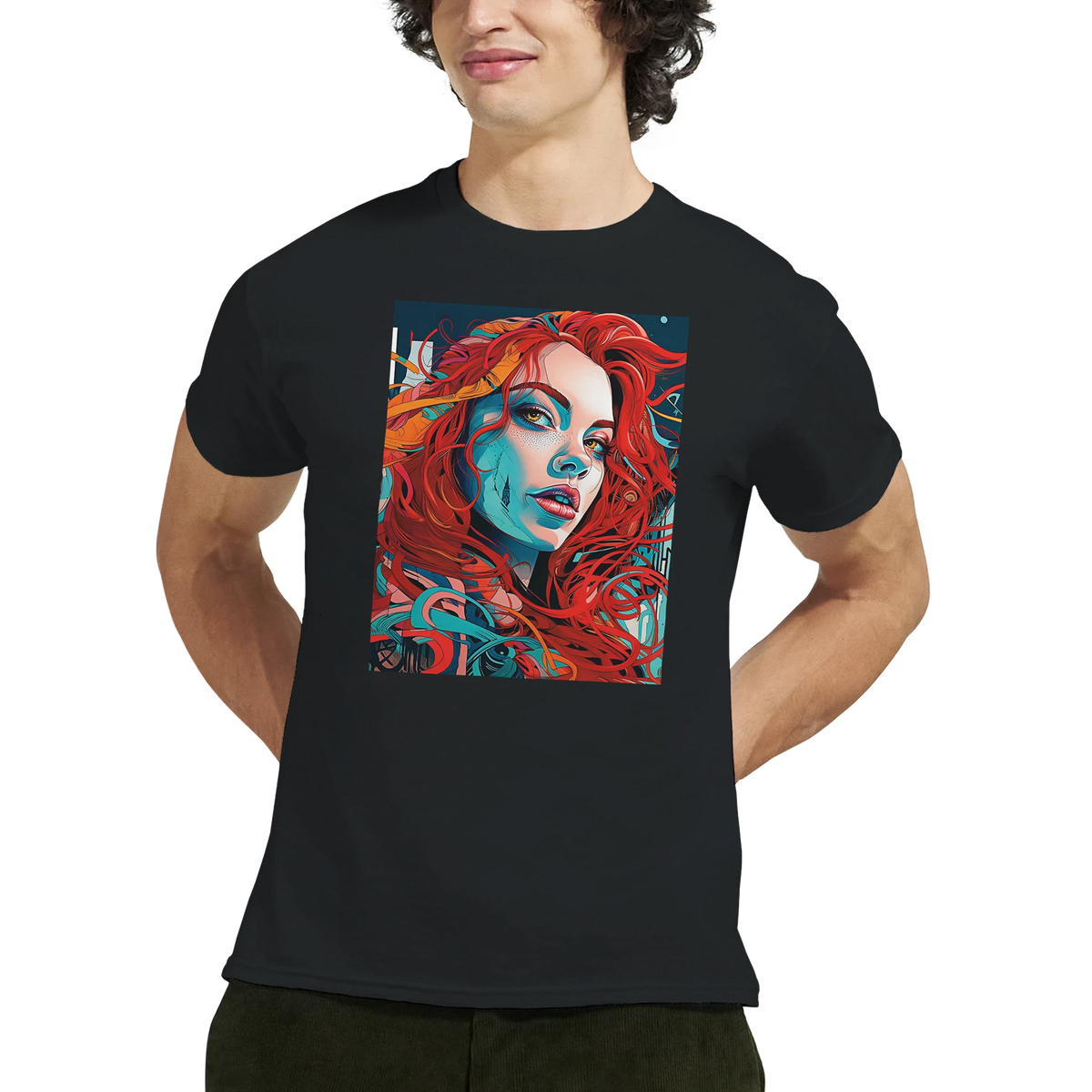Black men's t-shirt featuring a bold artistic graphic of a redhead woman with vibrant red hair and blue shaded facial details.