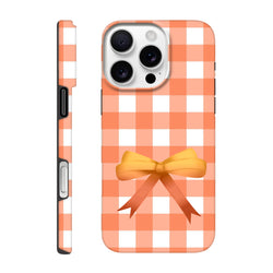 Orange gingham iPhone case featuring a cute yellow coquette bow and tough impact-resistant shielding for daily commutes.