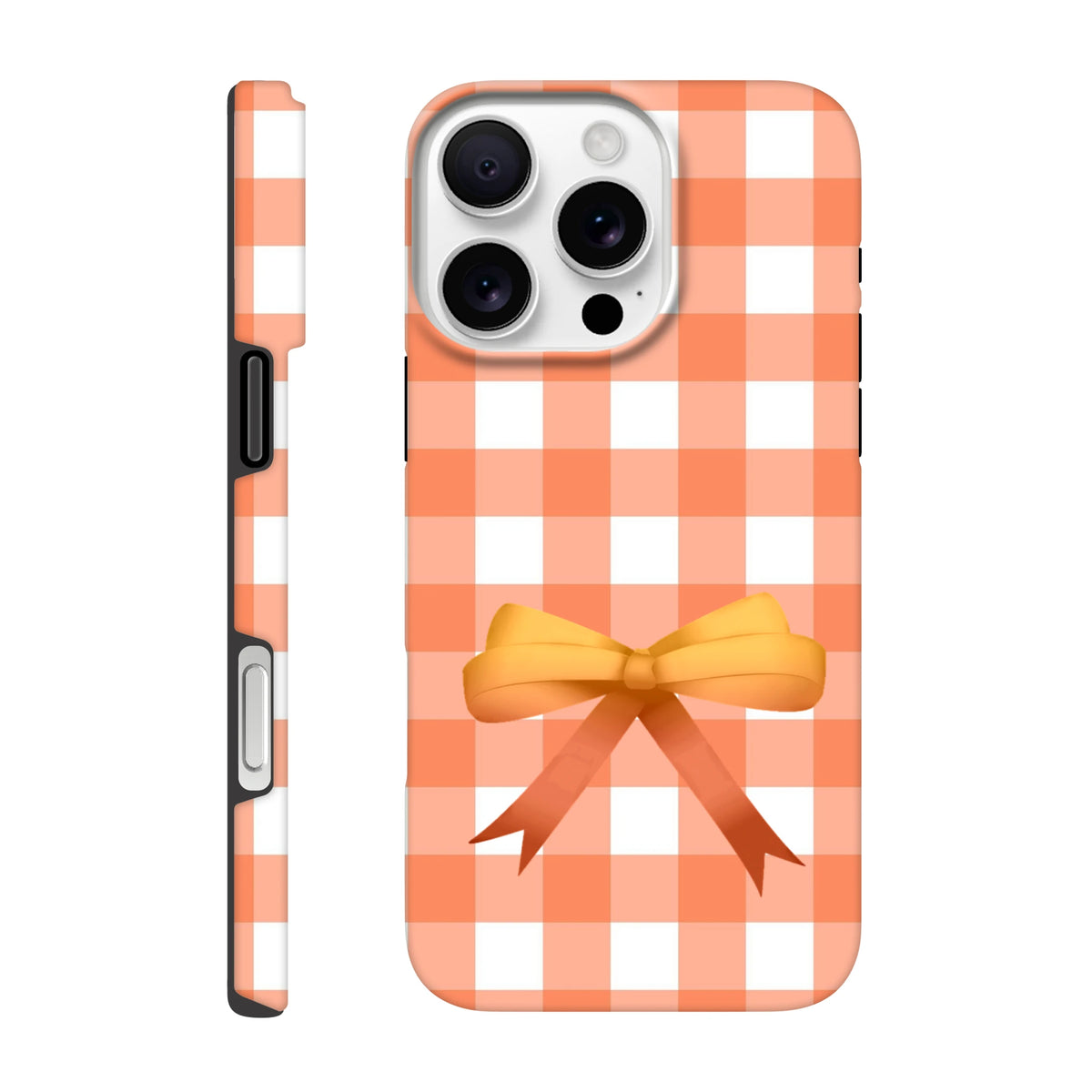 Orange gingham iPhone case featuring a cute yellow coquette bow and tough impact-resistant shielding for daily commutes.