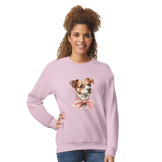 Pastel pink Gildan 18000 unisex crewneck sweatshirt with a dog graphic wearing a pink bow.