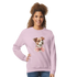 Pastel pink Gildan 18000 unisex crewneck sweatshirt with a dog graphic wearing a pink bow.