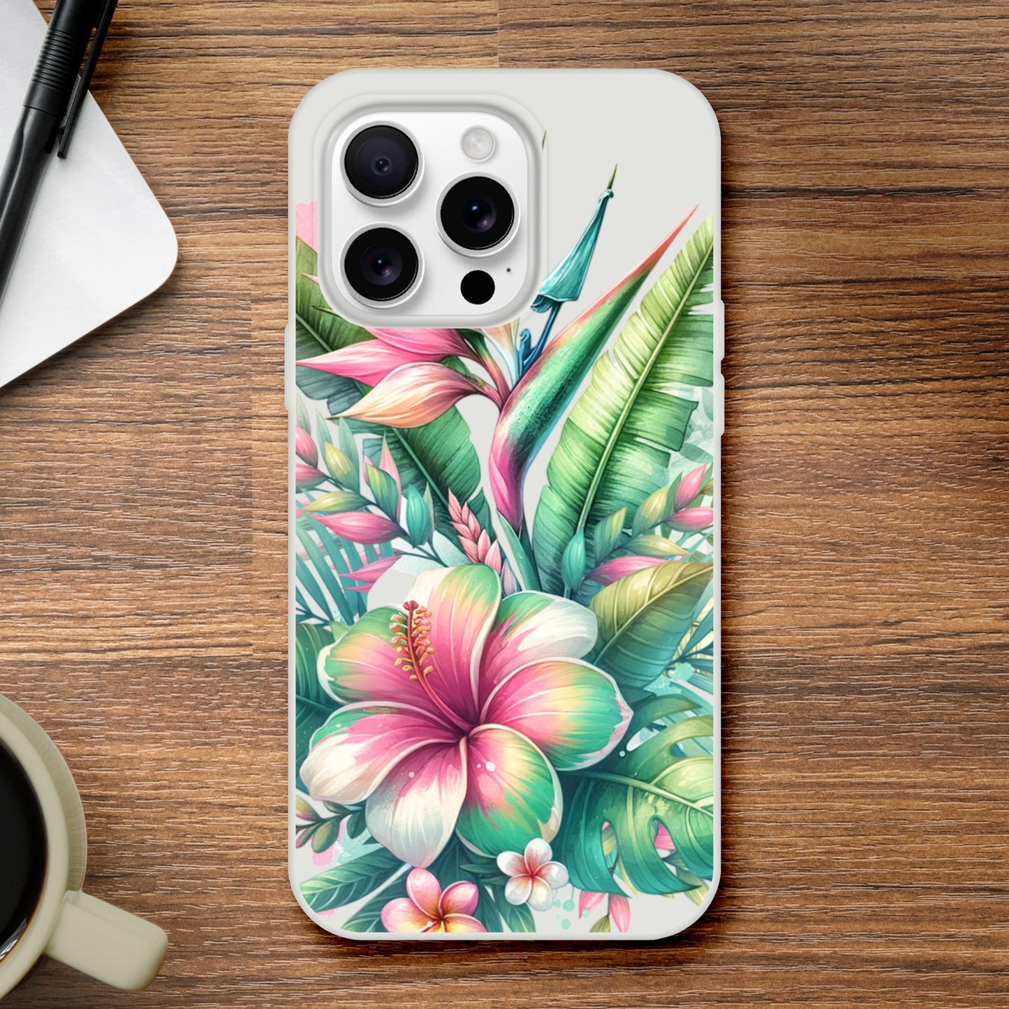 iPhone case with tropical floral design on a wooden surface 17