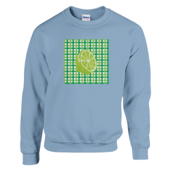Women's Retro Lime Gingham Sweatshirt with a lime fruit graphic on a green gingham panel.