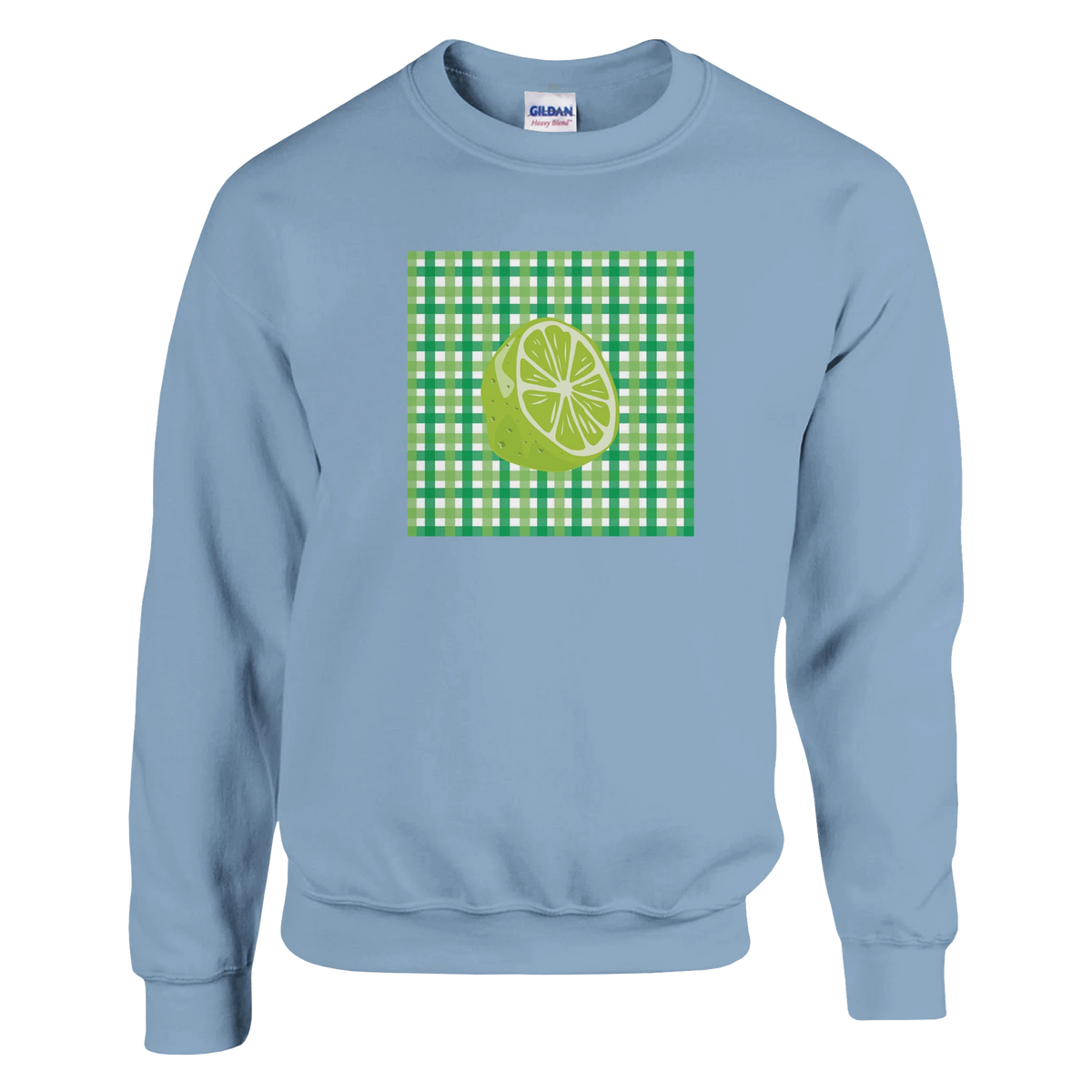 Women's Retro Lime Gingham Sweatshirt with a lime fruit graphic on a green gingham panel.