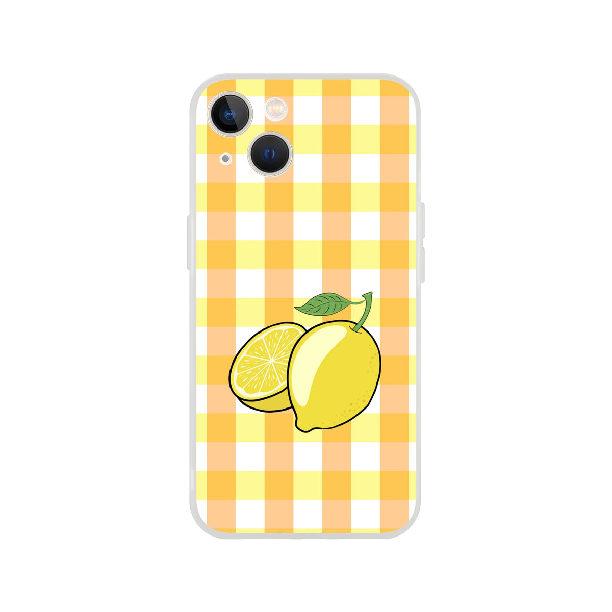 Yellow lemon gingham iPhone case with lemon illustration; slim matte finish for iPhone 13–16.