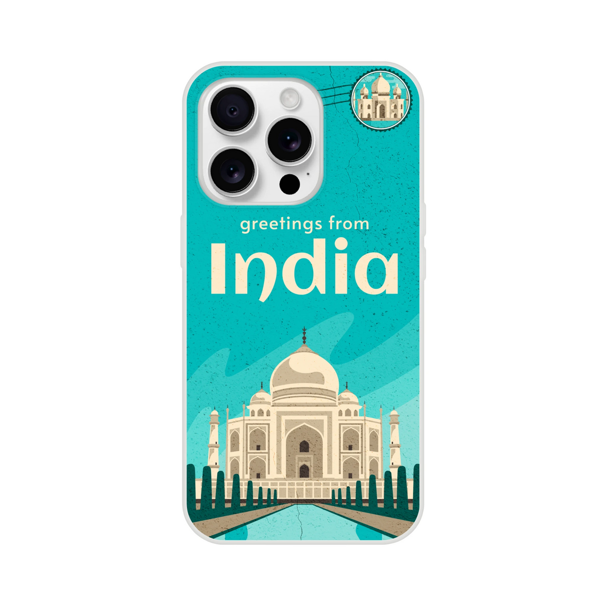 Vintage postcard-style iPhone case for iPhone 13-16, India Holiday design with Taj Mahal.