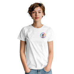 Woman wearing a white retro lime graphic t-shirt with a colorful circular palm tree print on the chest and striped fruit design on the back.