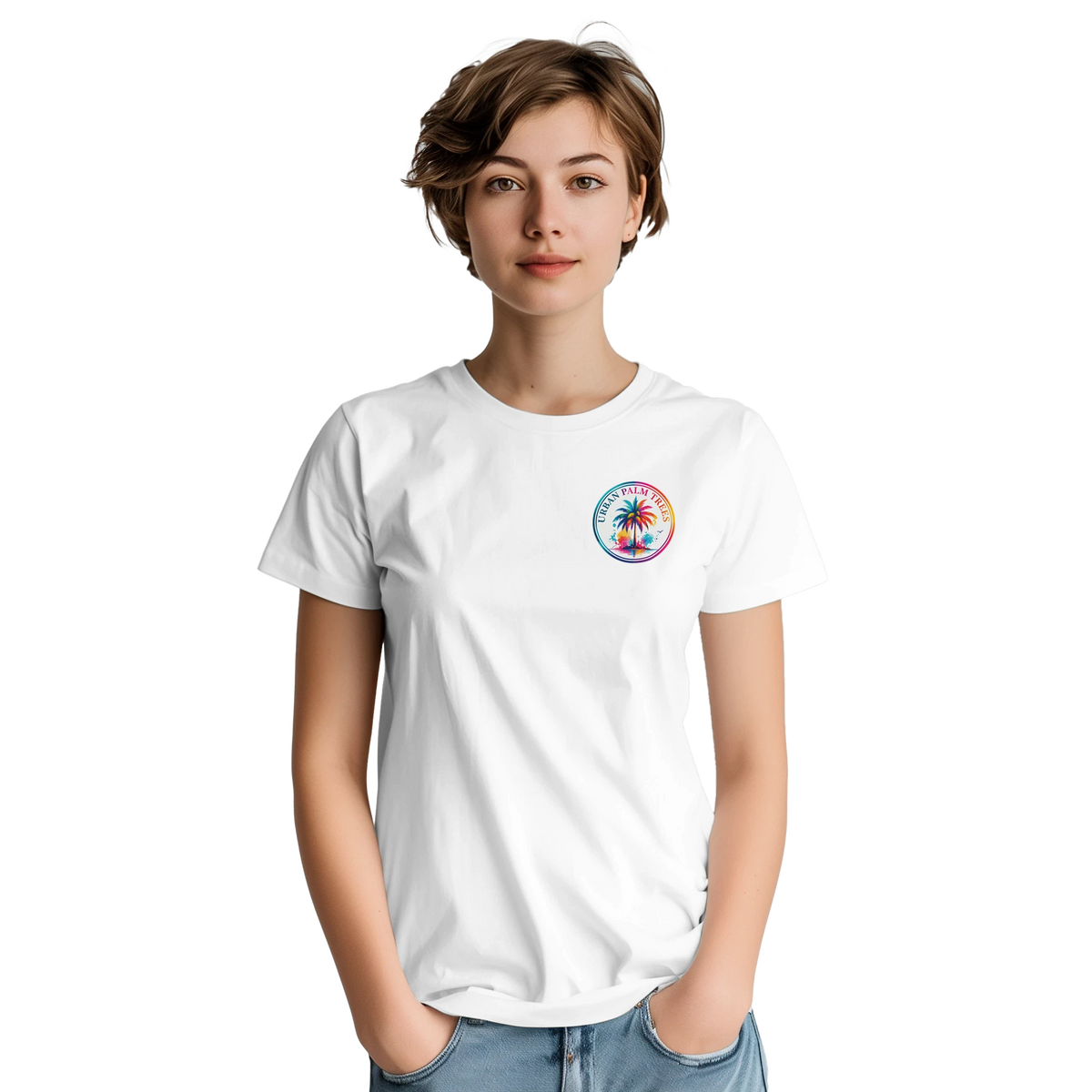 Woman wearing a white retro lime graphic t-shirt with a colorful circular palm tree print on the chest and striped fruit design on the back.
