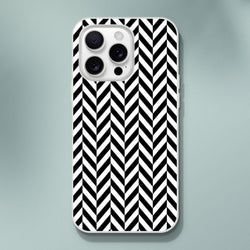 Black and white herringbone iPhone case featuring a geometric chevron pattern, shock-absorbing TPU protection with a matte finish.