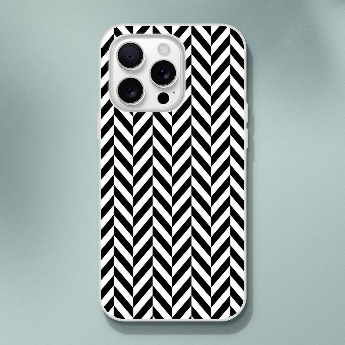 Black and white herringbone iPhone case featuring a geometric chevron pattern, shock-absorbing TPU protection with a matte finish.