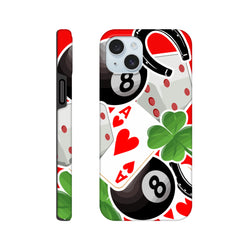 Tough iPhone case featuring lucky 8 ball, ace of hearts, four-leaf clover, and horseshoe graphic design for impact protection.