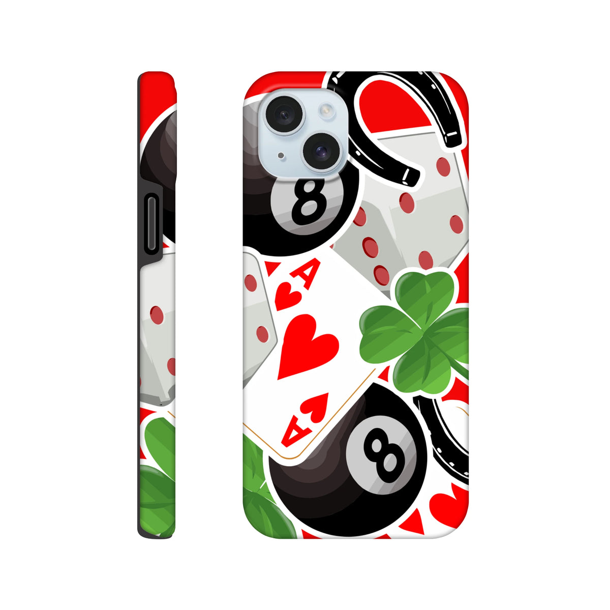 Tough iPhone case featuring lucky 8 ball, ace of hearts, four-leaf clover, and horseshoe graphic design for impact protection.