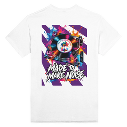 White men's t-shirt back print featuring a colorful retro DJ turntable graphic with paint splatters and "Made To Make Noise" typography.