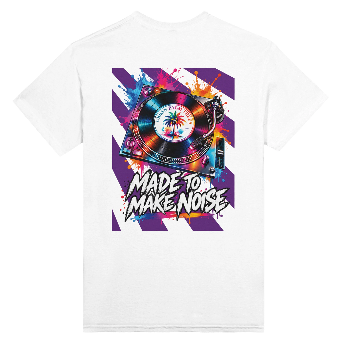 White men's t-shirt back print featuring a colorful retro DJ turntable graphic with paint splatters and "Made To Make Noise" typography.