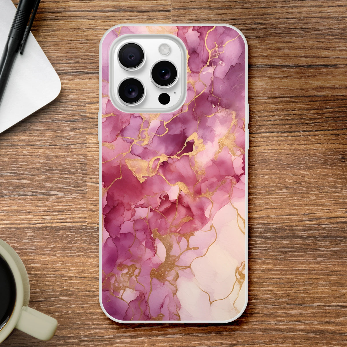 Pink marble iPhone case with blush rose gold abstract veins for iPhone 13-16.