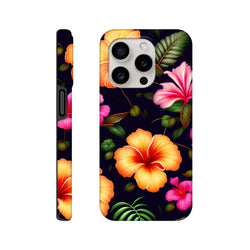 Tropical floral iPhone case featuring vibrant orange and pink hibiscus flowers with green palm leaves on a dark background.