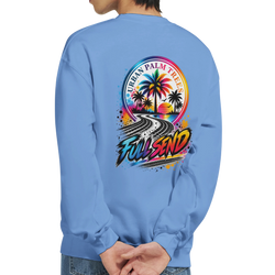 Light blue sweatshirt back featuring "Full Send" tire track graphic with colorful Urban Palm Trees sunset design.