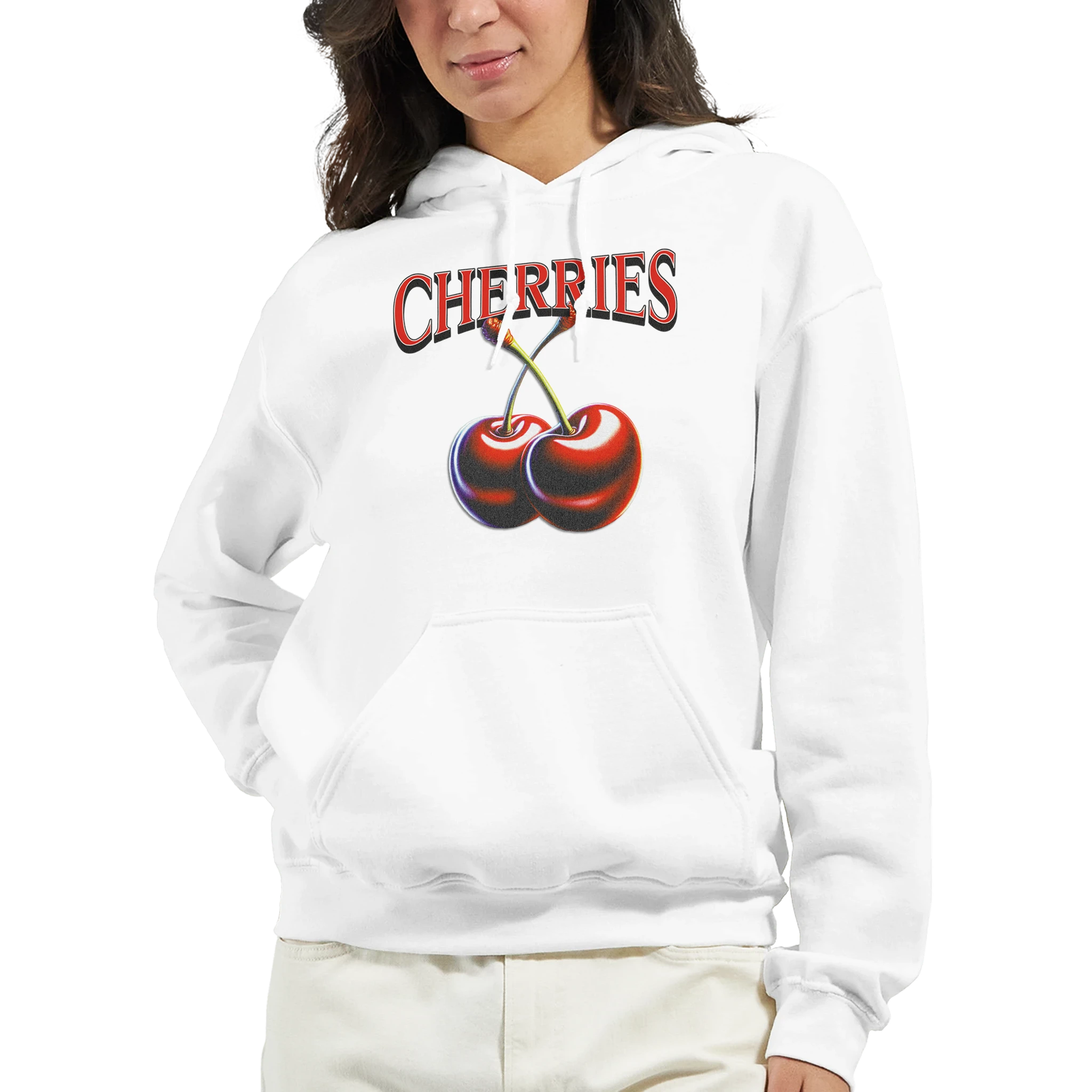 White Women's Y2K Cherries Hoodie with bold CHERRIES print, worn by a model.